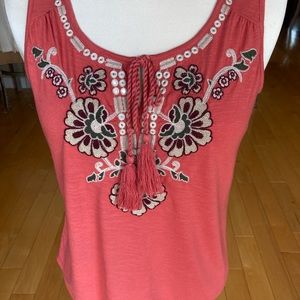 Style & Co coral embroidered tie front top
